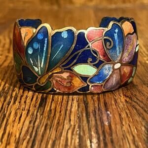 Vintage Signed David Kuo Champleve Enamel Cuff Bracelet Cloisonné Butterfly
